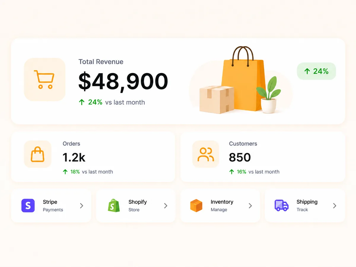 E-commerce marketplace dashboard with catalog, checkout, and revenue