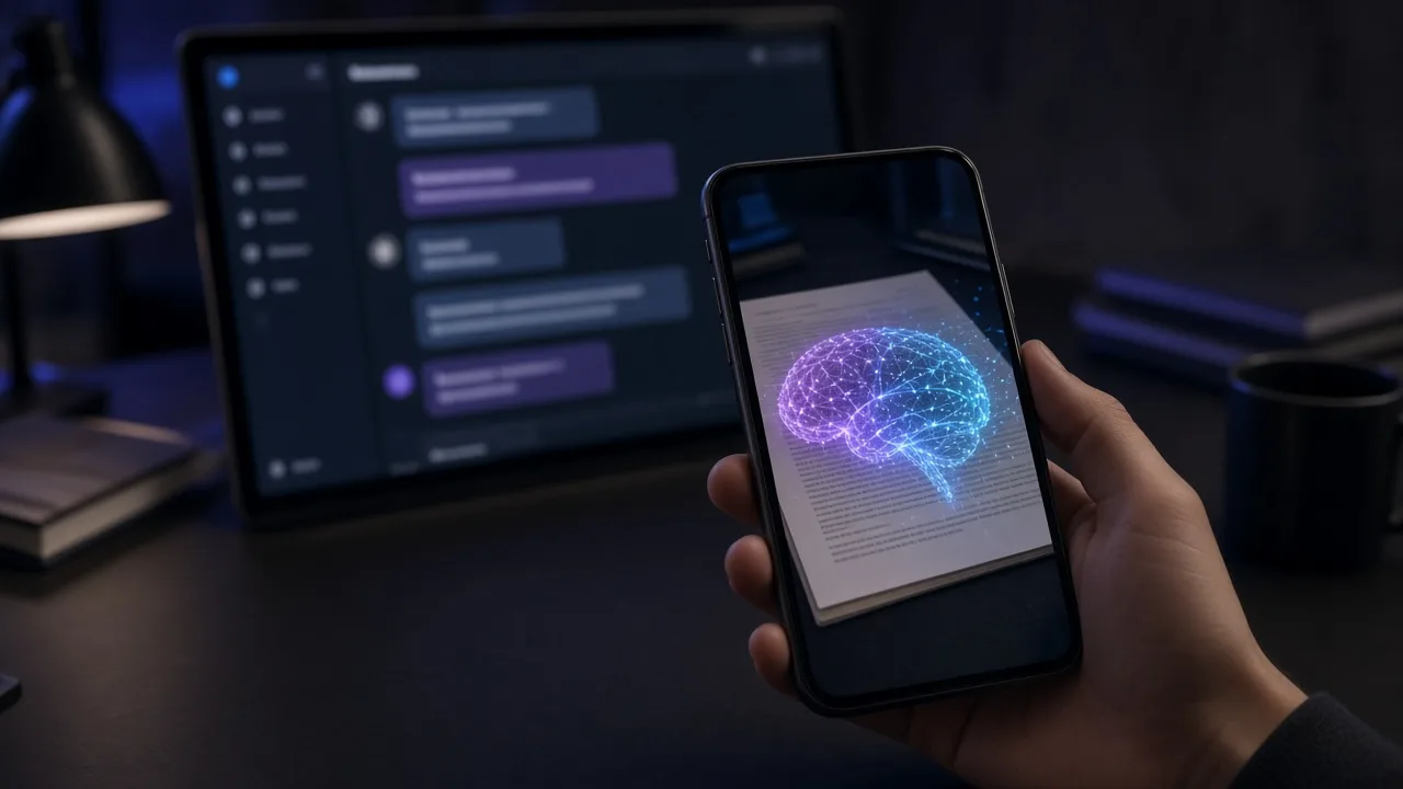 Smartphone using on-device AI to scan a document with a glowing neural overlay