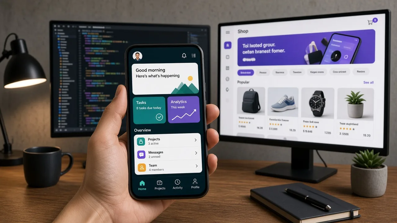 Android phone with a Material-style dashboard in front of Kotlin code on dual monitors