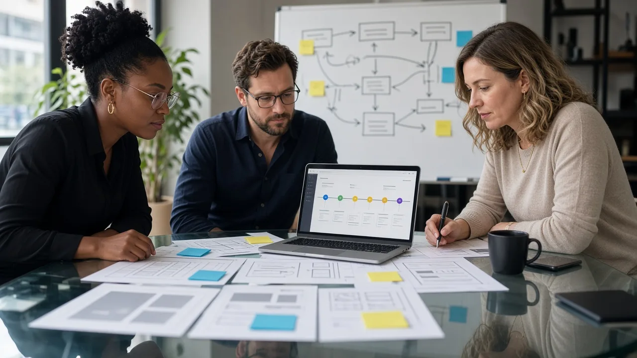 Product team reviewing mobile wireframes, a roadmap laptop, and a whiteboard during consulting