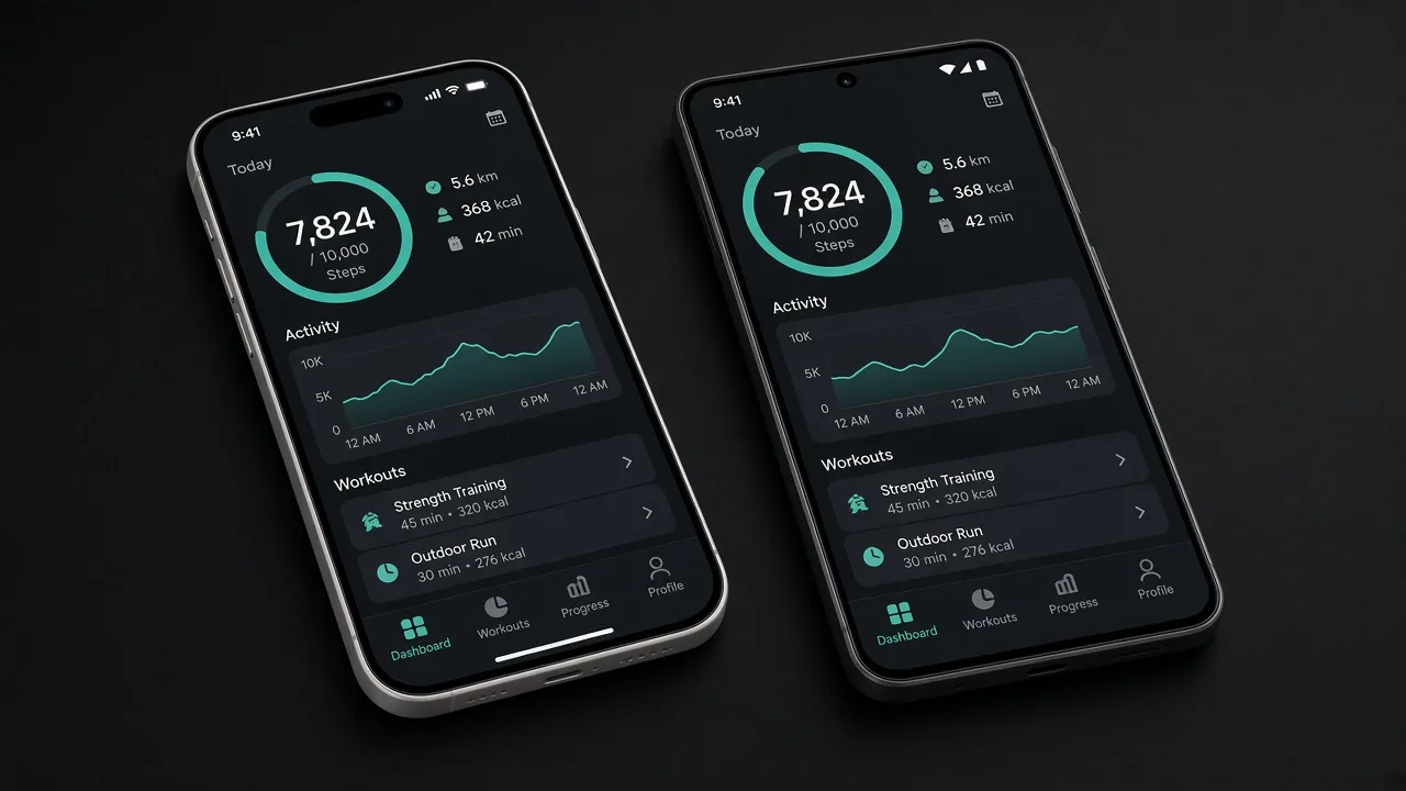 iPhone and Android phones side by side showing the same fitness product with native UI on each OS