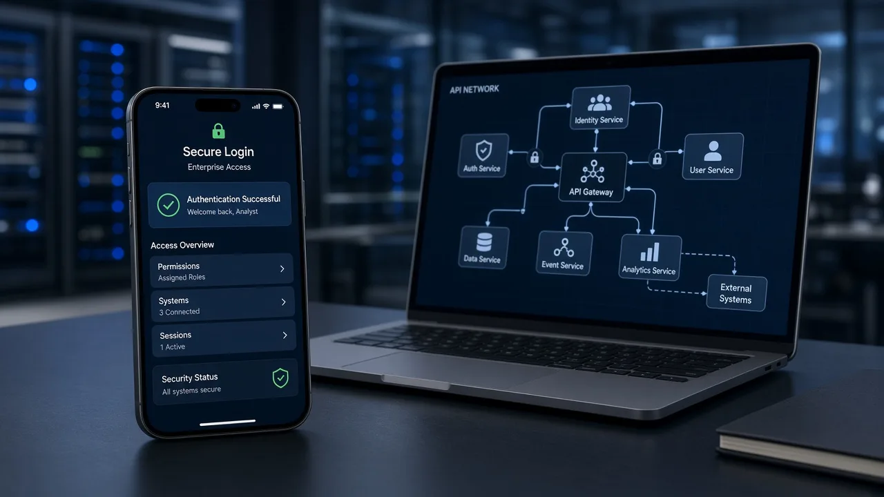 Enterprise mobile dashboard in the foreground with API network diagrams on a laptop