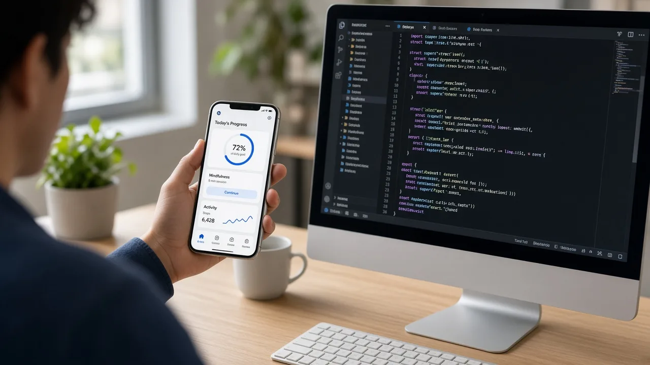 iPhone showing a native iOS wellness app beside Swift code on a desktop display