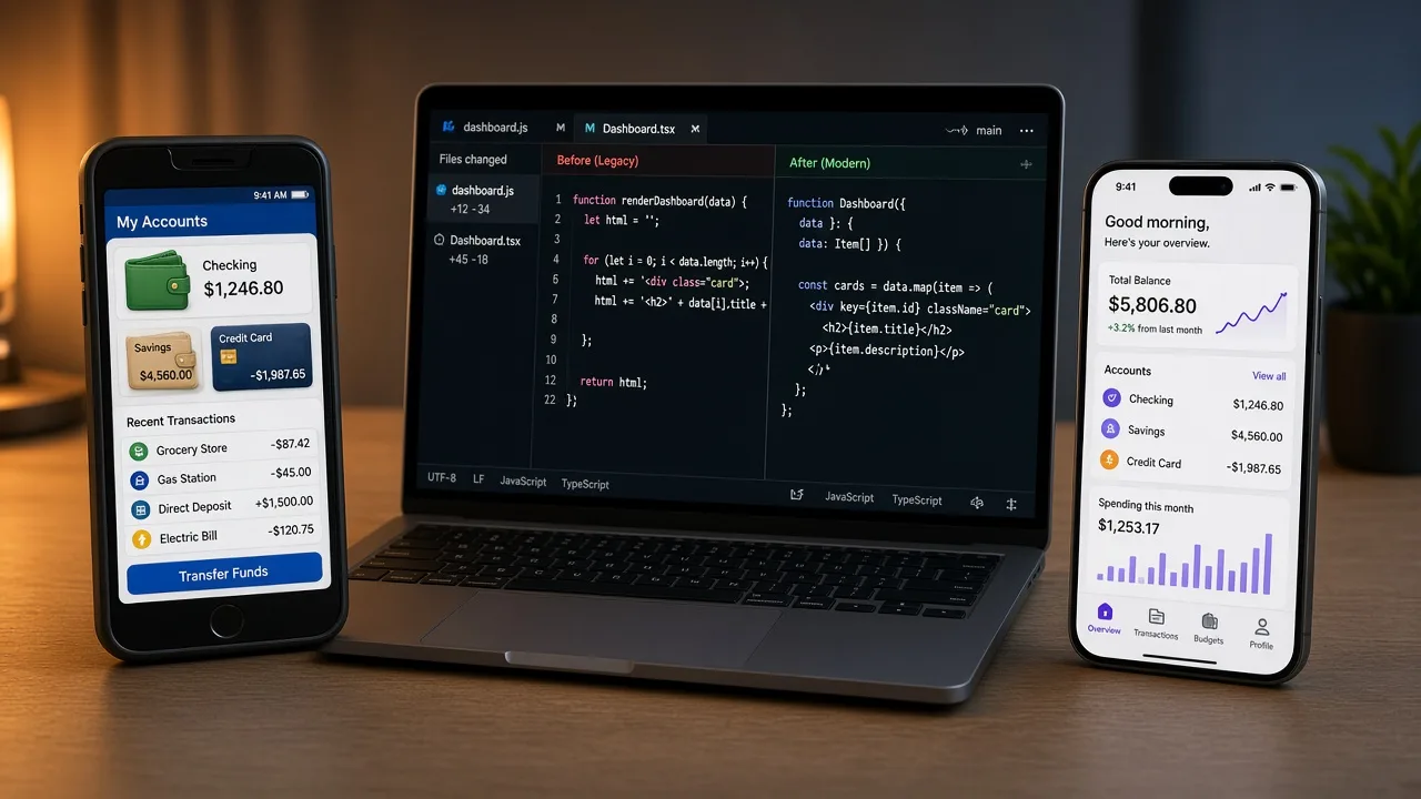 An older mobile app beside a modern redesigned phone, with a code migration on a laptop